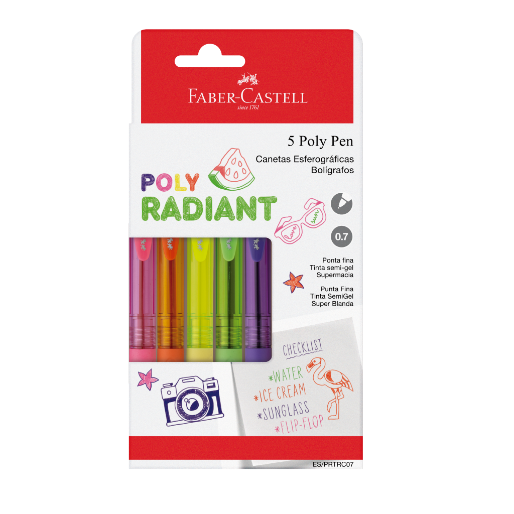 Caneta Esferogrfica Poly Pen 0.7 Faber-Castell - Radiant Colors, 5 Cores (1 pacote c/ 6 estojos) - ES/PRTRC07