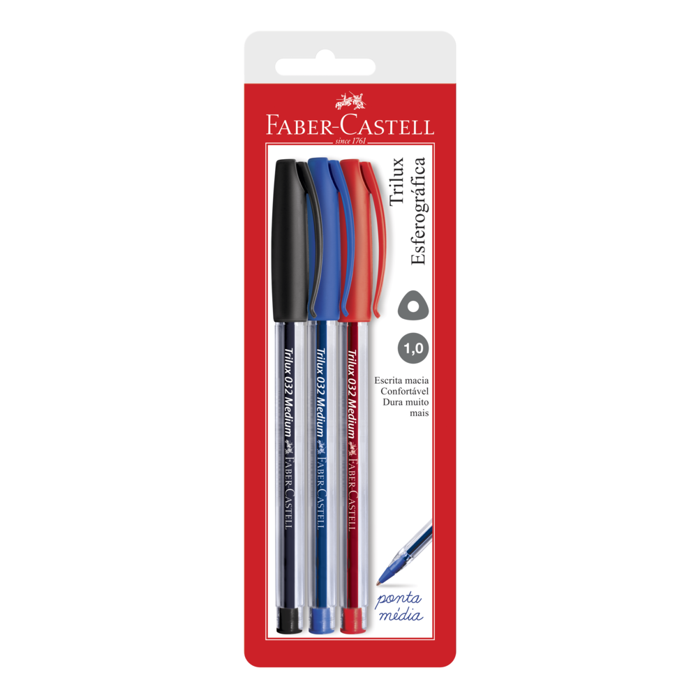 Caneta Esferogrfica Faber-Castell Trilux 1.0mm Azul Preto Vermelho 3 Cores Ctl c/ 3 Unid (24 Ctl/cada) - SM/032
