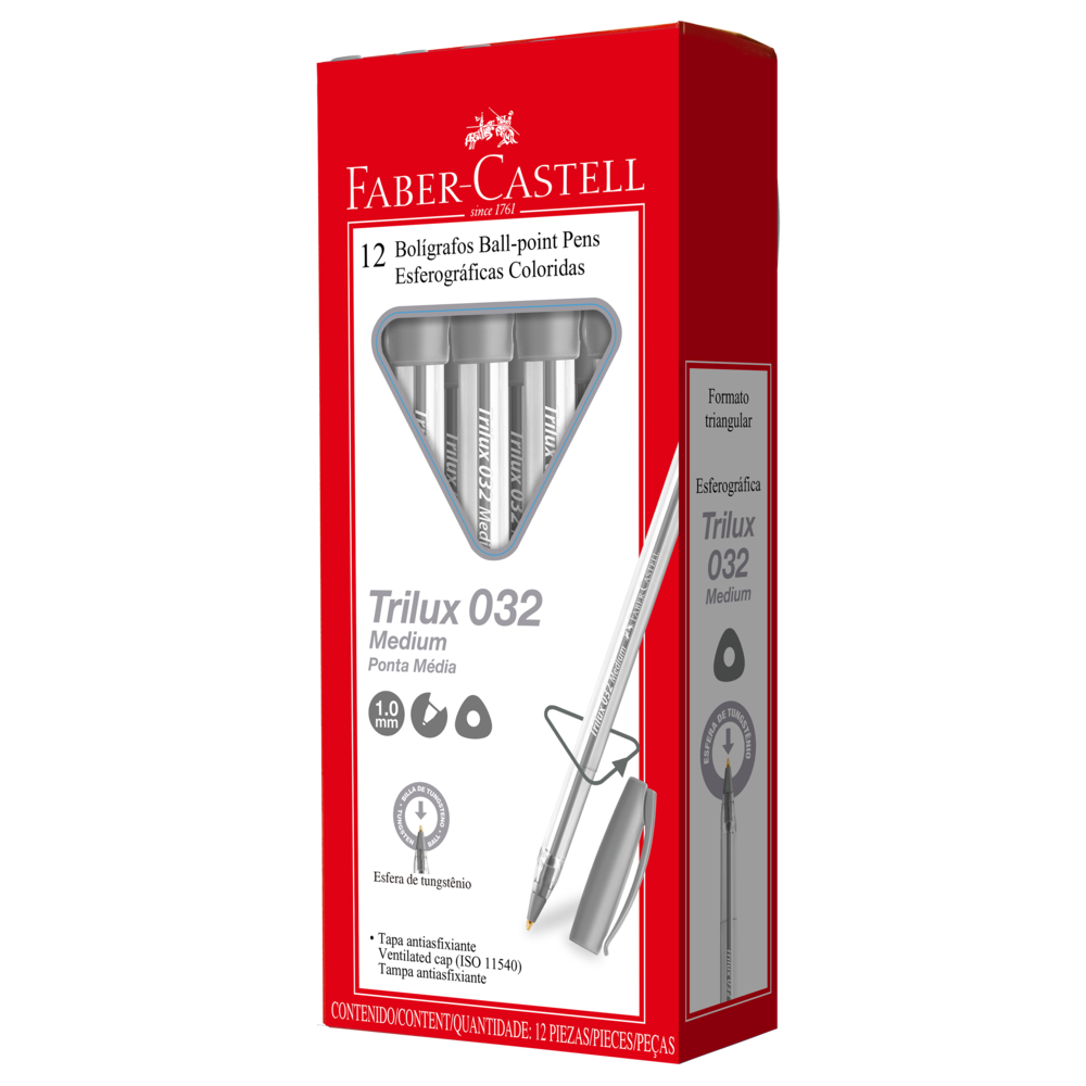Caneta Esferográfica Faber-Castell Trilux Colors 1.0mm Prata (12 Unid/cada) - 032/CHA