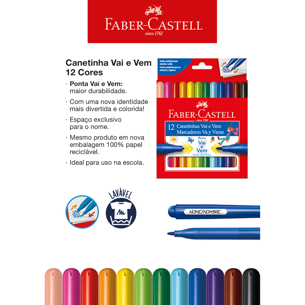 Canetinha Hidrogrfica Faber-Castell Vai e Vem 12 Cores (12 Es/cada) - 15.0112VVZF