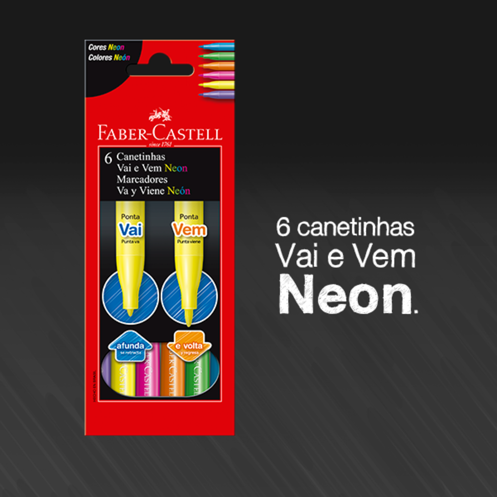 Canetinha Hidrogrfica Faber-Castell Vai e Vem Neon 6 Cores (12 Es/cada) - 15.1306VVZF