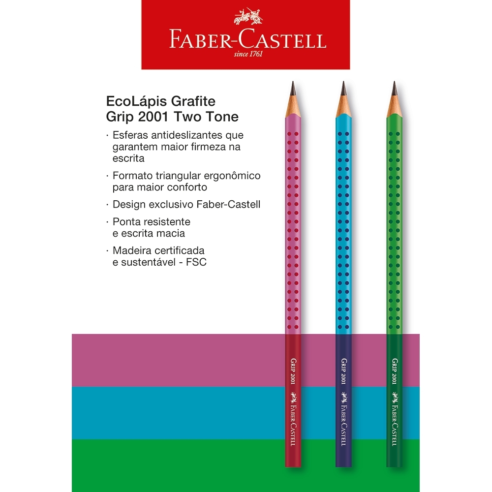 Ecolpis Grafite Grip Two Tone Mix (Rosa, Verde e Azul) Faber-Castell (24 cartelas c/ 3 unid. cada) - SM/2001BTTMIX