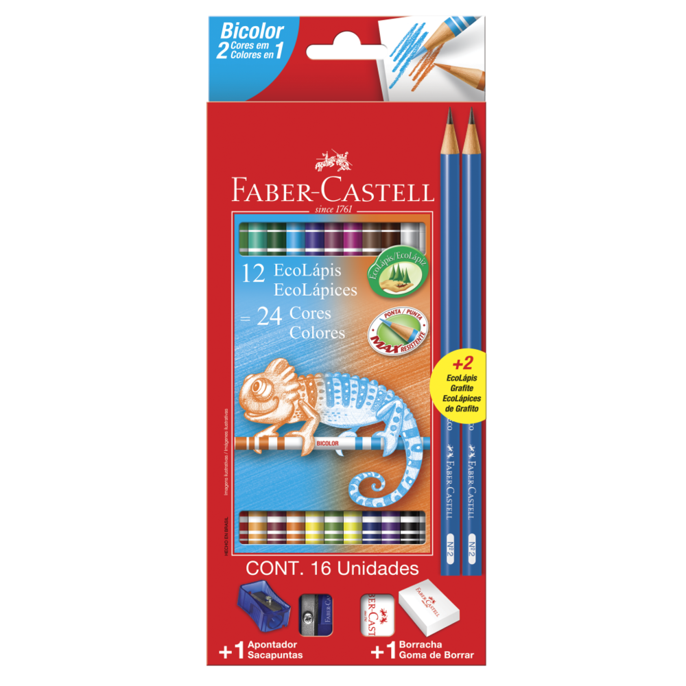 Ecolpis de Cor Faber-Castell Bicolor Kit Escolar 24 Cores + 1 Apontador + 1 Borracha (12 Es/cada) - 120612+2N