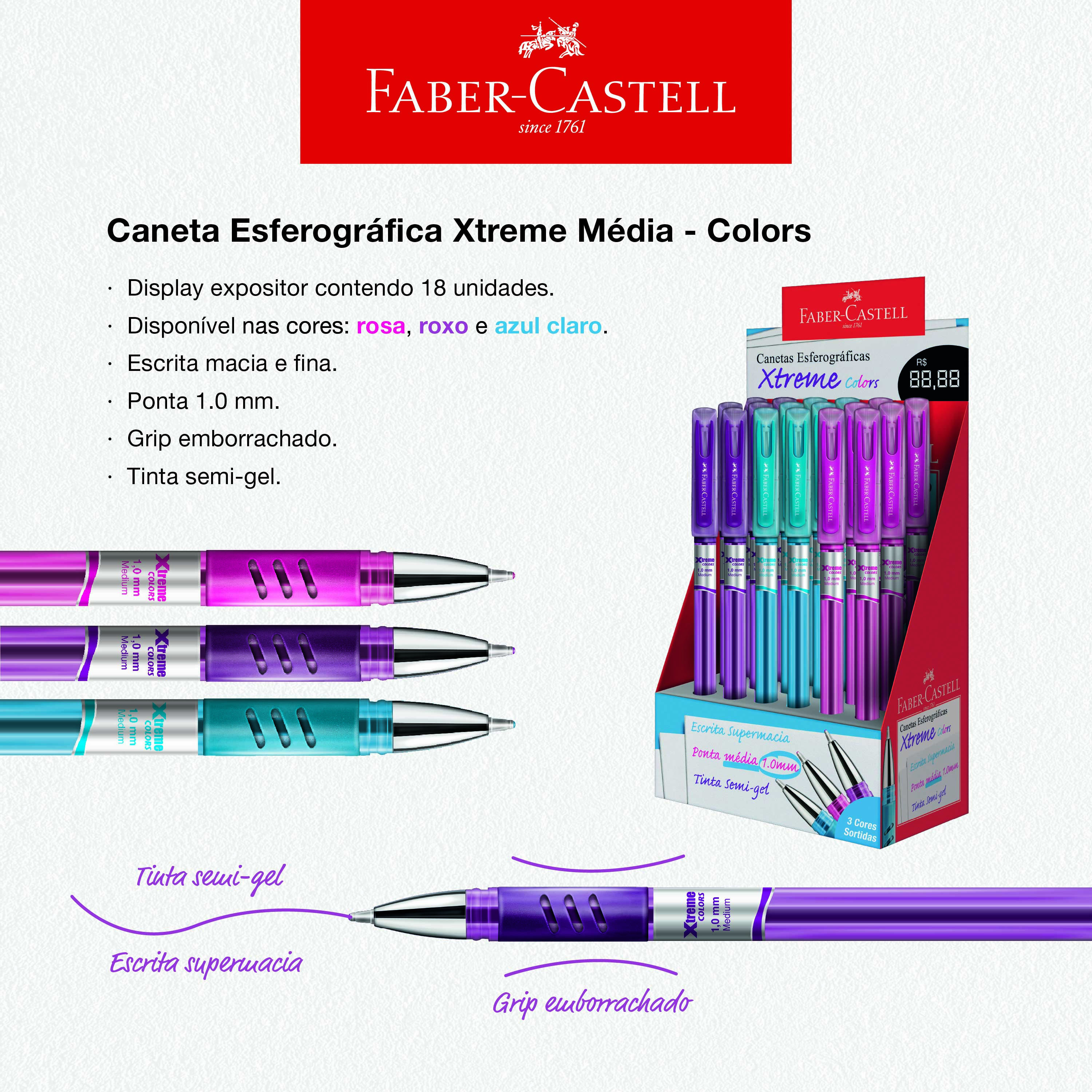 Caneta Esferogr�fica Xtreme Colors 1.0mm Rosa, Roxa e Azul (Display c/ 18 unids.) - XT10/MIX.N