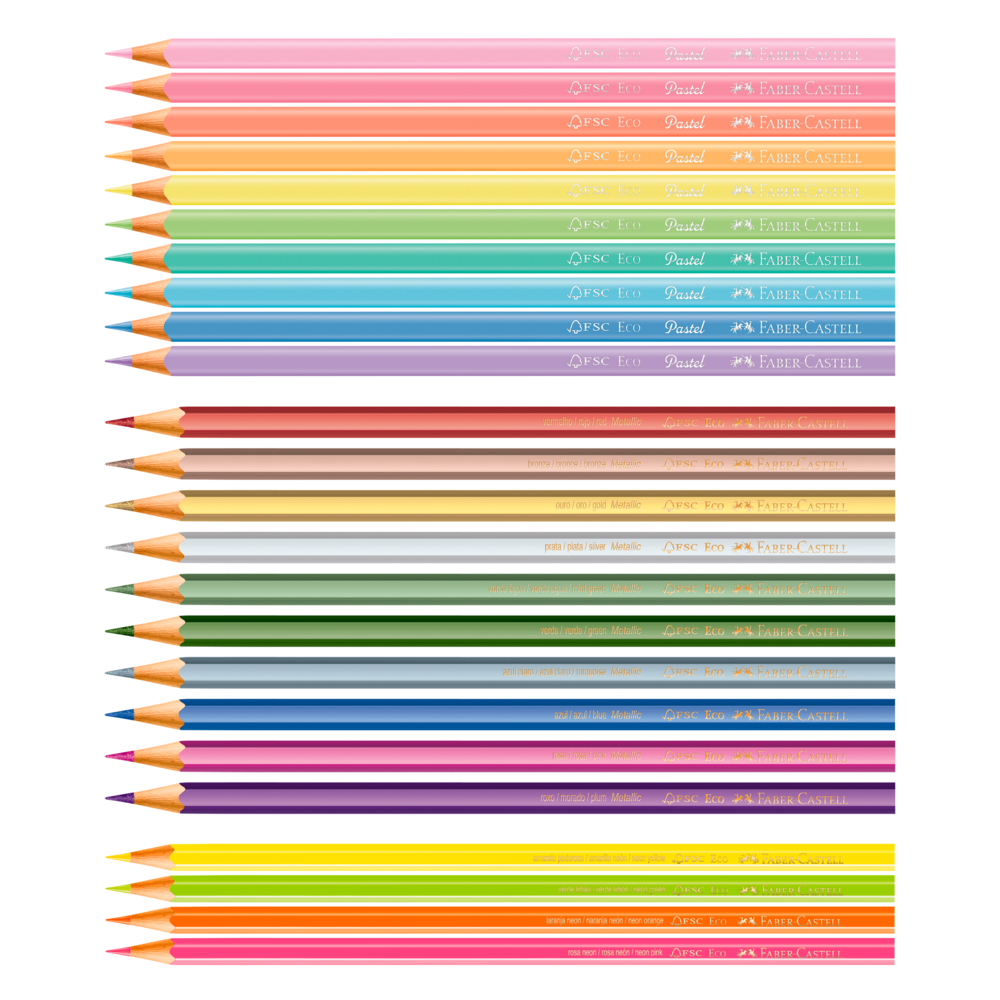 Kit Cores: 10 Ecolápis de cor Pastel, 10 Metálicos e 4 Neons (5 Es/cada) - KIT/CORES