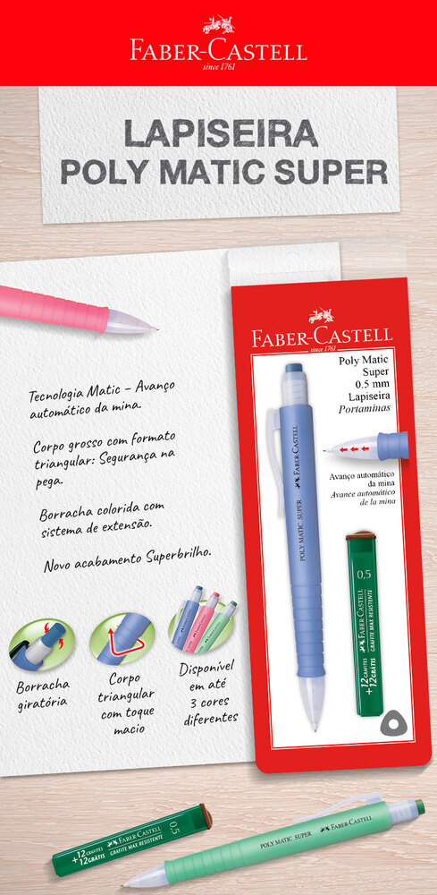 Lapiseira Faber-Castell Poly Matic Super 0.5mm Mix Ctl c/ 1 Unid + 1 Tubo Grafite (24 Ctl/cada) - SM05PMS