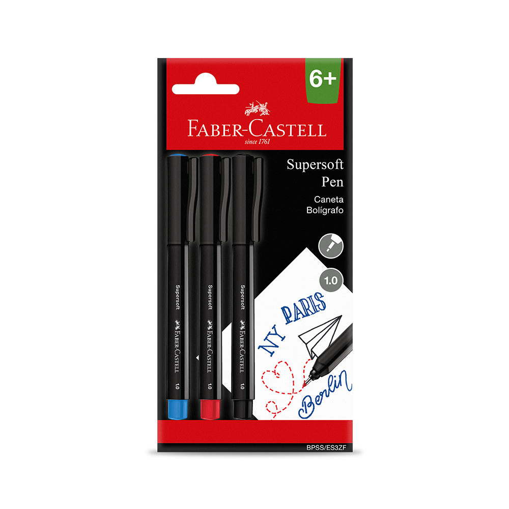 Caneta Ponta Porosa Supersoft Pen Faber-Castell 1.0mm Cartela com 3 unidades (12 Ctl/cada) - BPSS/ES3ZF