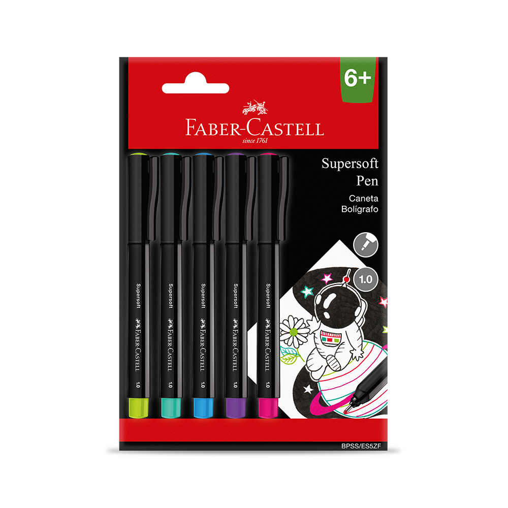 Caneta Ponta Porosa Supersoft Pen Faber-Castell 1.0mm Cartela com 5 unidades (10 Ctl/cada) - BPSS/ES5ZF