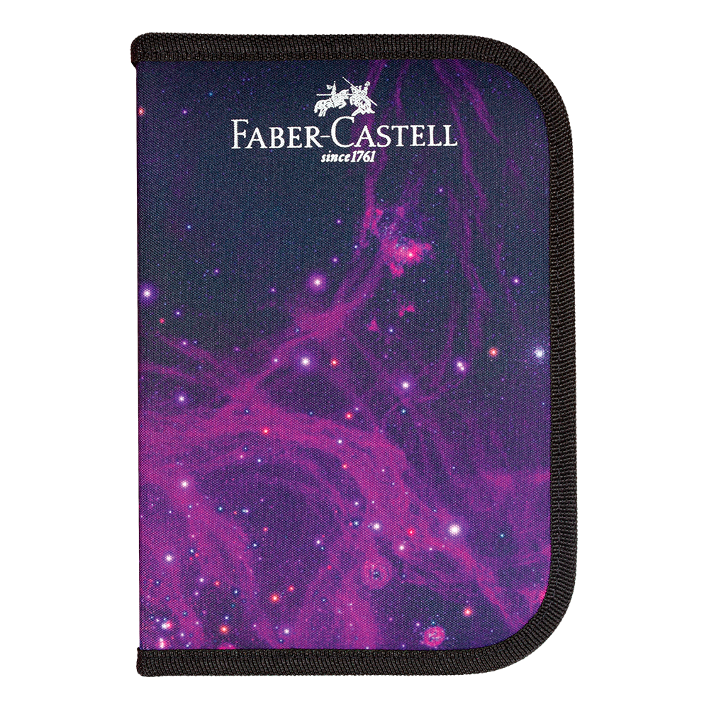 Estojo de Nylon Faber-Castell  Cosmic Preto Ecolápis de Cor 12 Cores + 2 Canetas Esferográficas + Ecolápis Grafite + Régua + Apontador + Borracha (4 Es/cada) - 18.2221